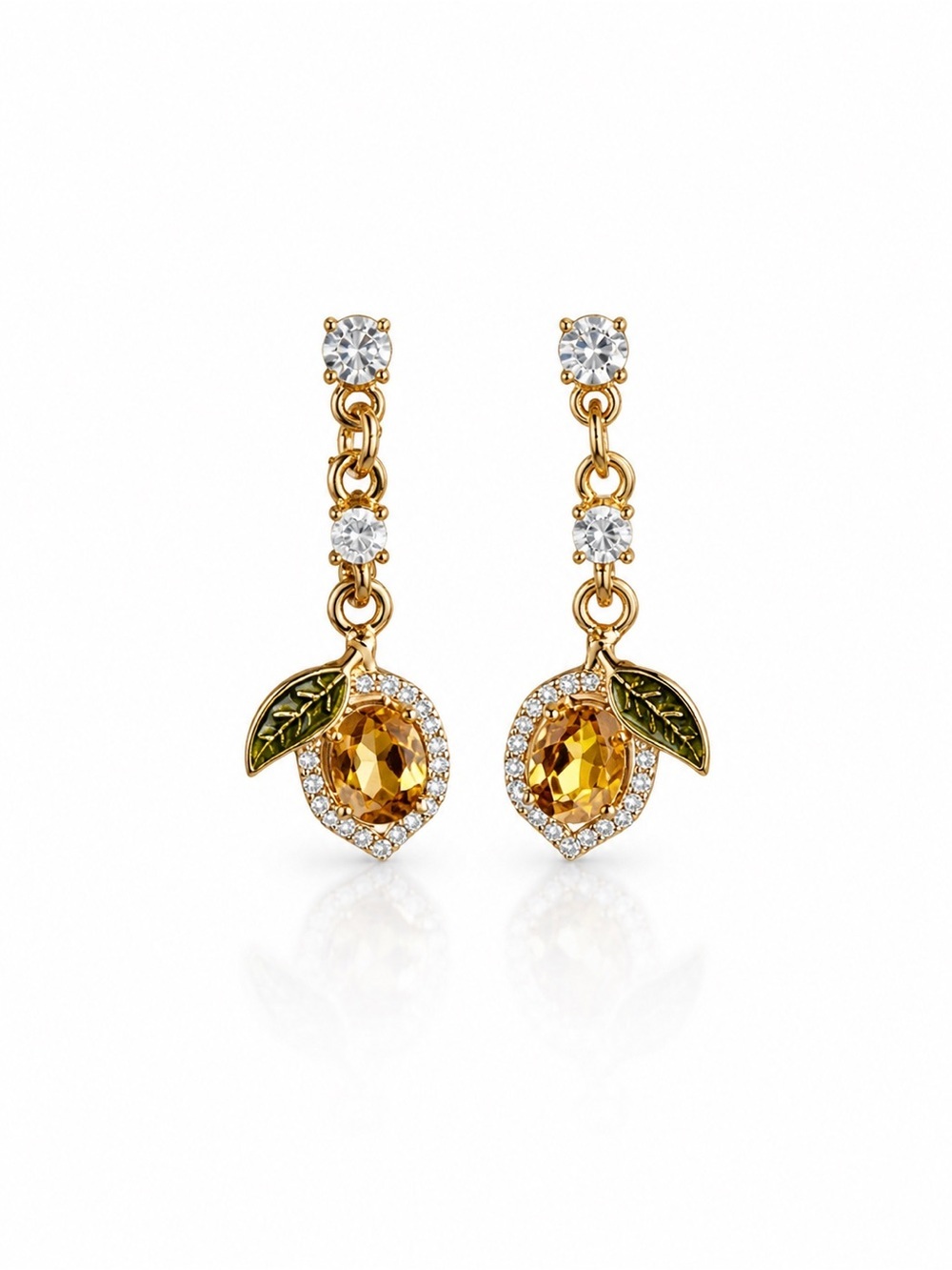 Gold Drop Earrings with Amber Crystal and Green Leaf